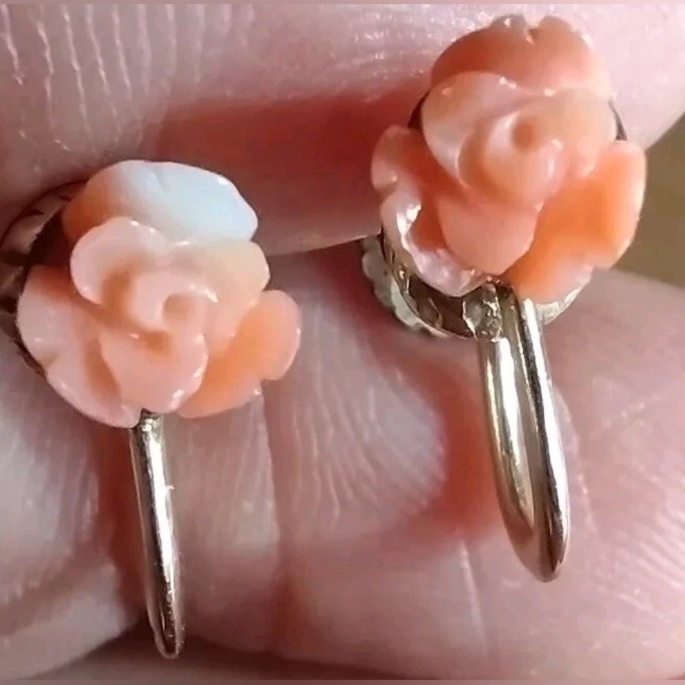 Vintage Estate Carved Pink Coral Roses 12K Gold Filled Screwback Earrings